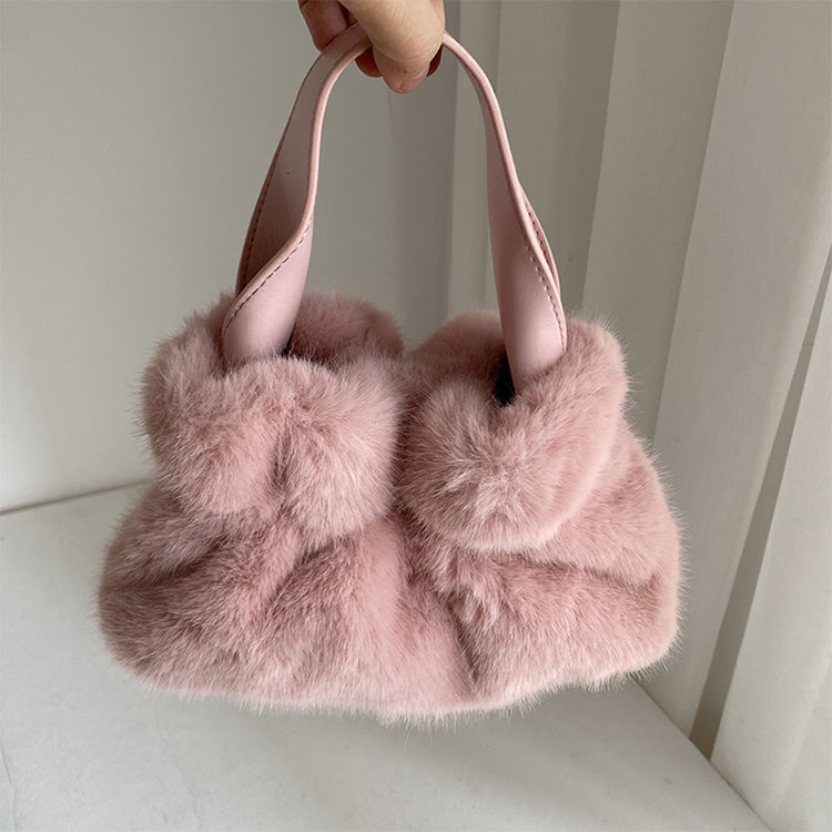 Pleated Faux Rabbit Fur Crossbody Bag