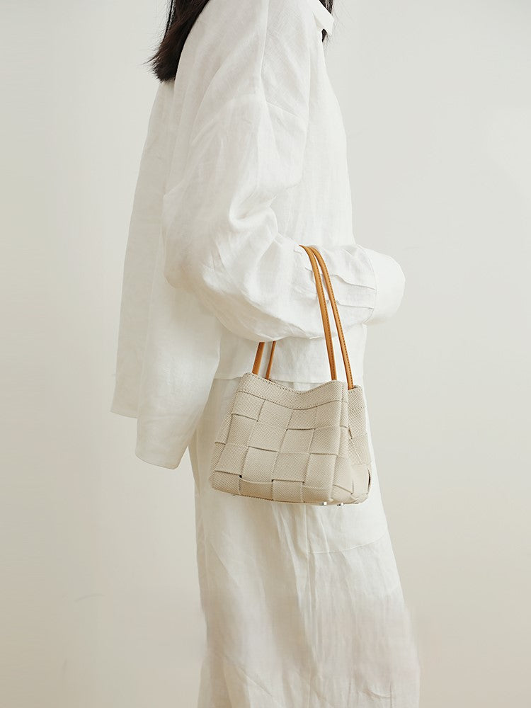 Denim and leather bucket bag