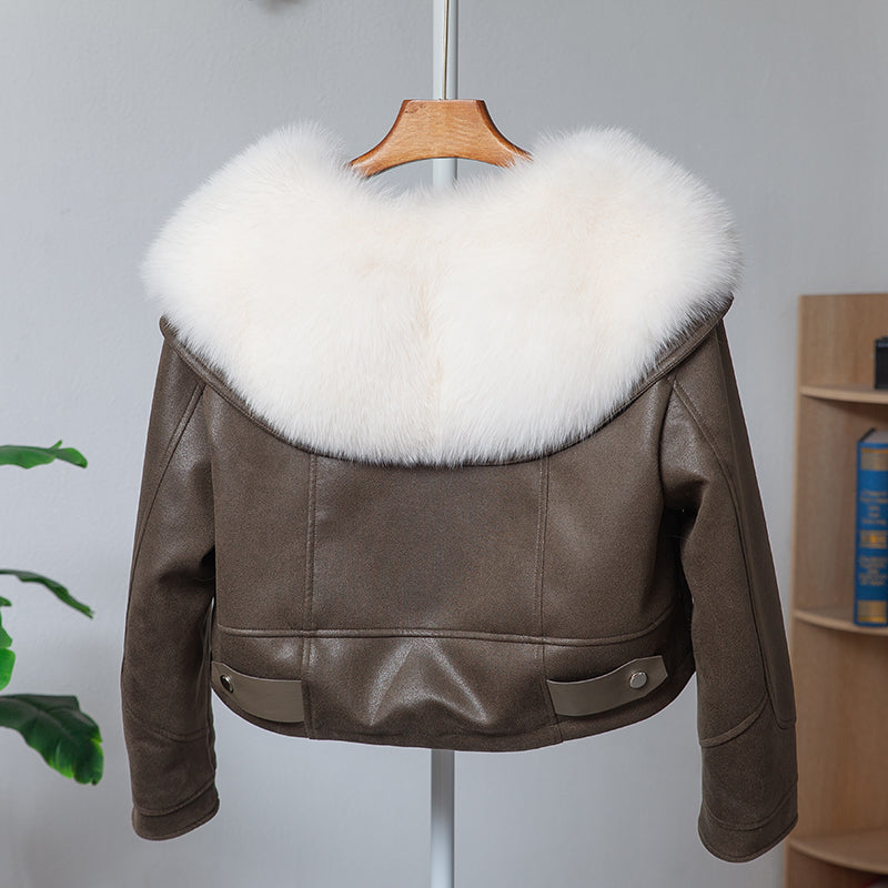 Fox Fur Motorcycle Jacket Large Fur Collar Leather