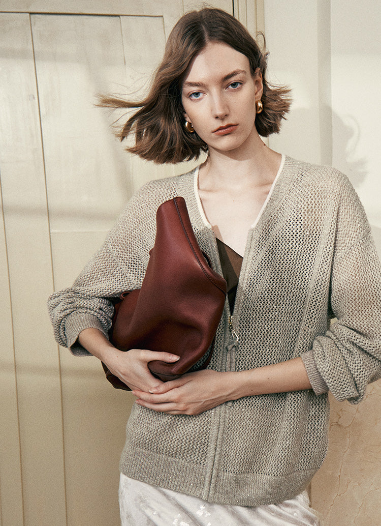 "Diamond Sequins" gold linen cashmere knitted cardigan/vest/suit