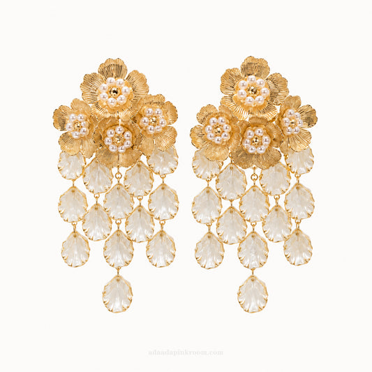Gold Floral Pearl Drop Earrings