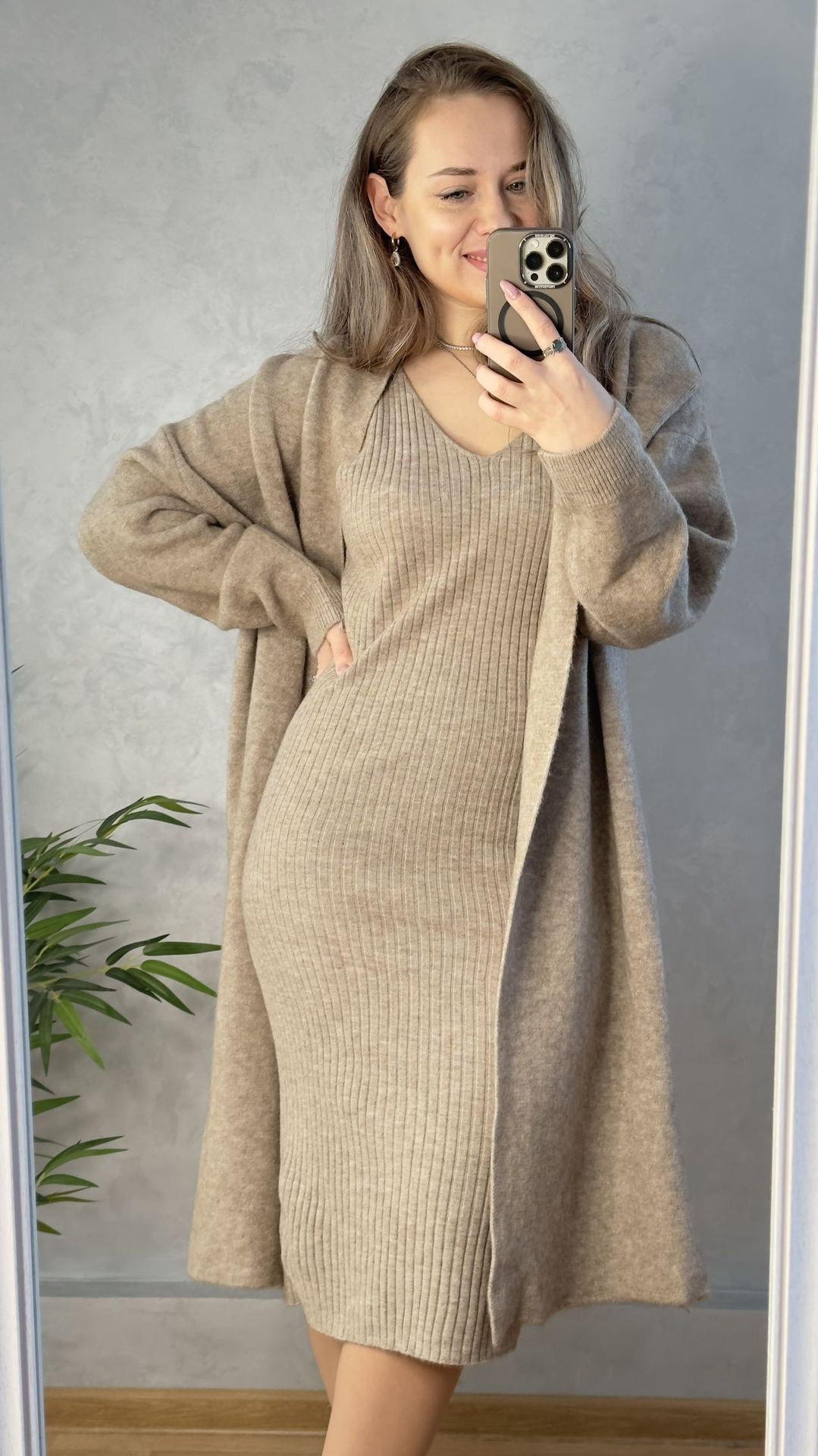 Knitted vest dress + long cardigan coat