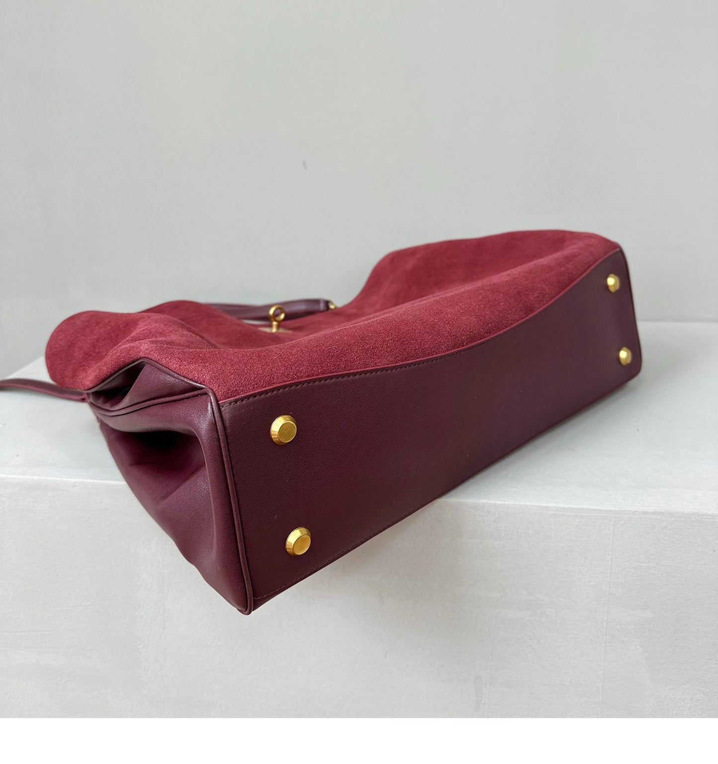 Suede stitching layered leather Kelly bag