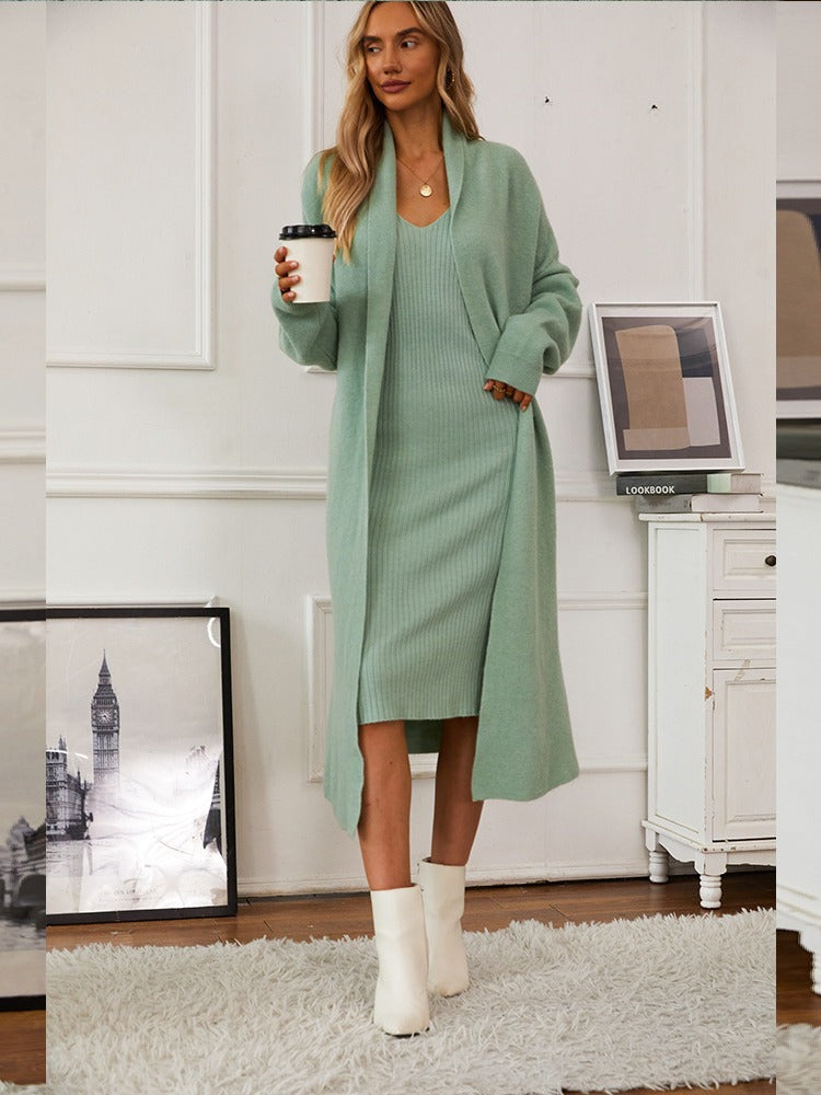 Knitted vest dress + long cardigan coat