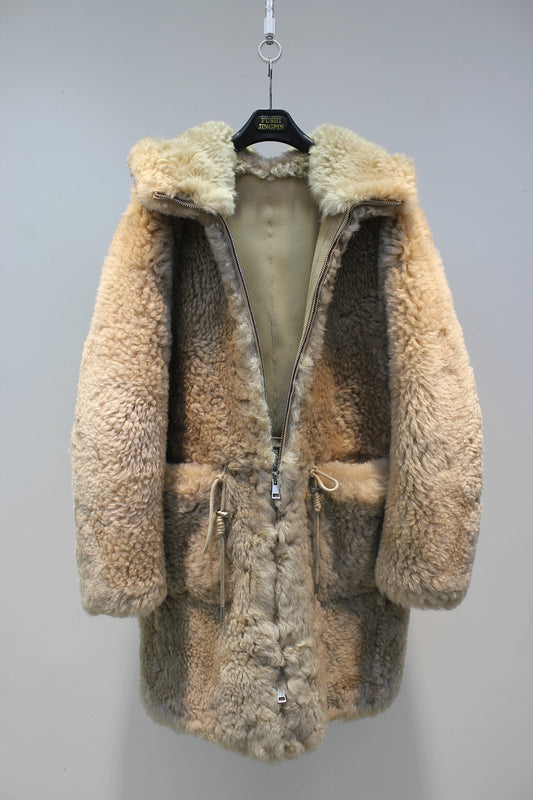 Icelandic imported sheepskin all-in-one Nordic style hooded mid-length fur coat