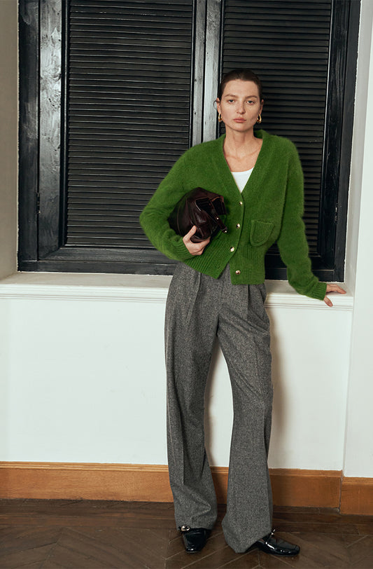 Herringbone pattern Australian wool trousers baggy wide leg trousers