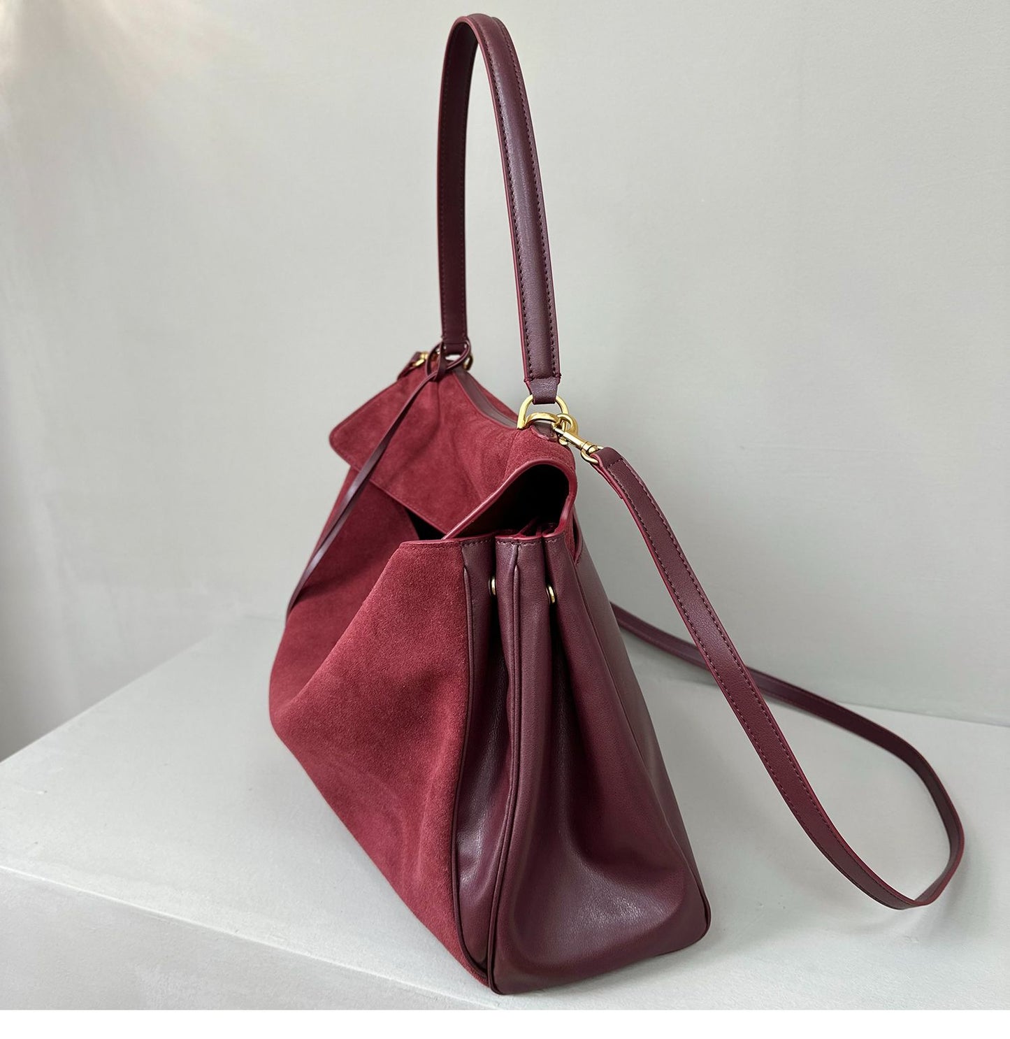 Suede stitching layered leather Kelly bag