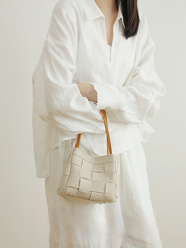 Denim and leather bucket bag