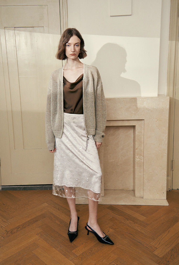 "Diamond Sequins" gold linen cashmere knitted cardigan/vest/suit