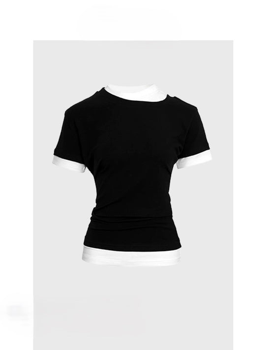Gray fake two-piece short-sleeved patchwork contrasting T-shirt