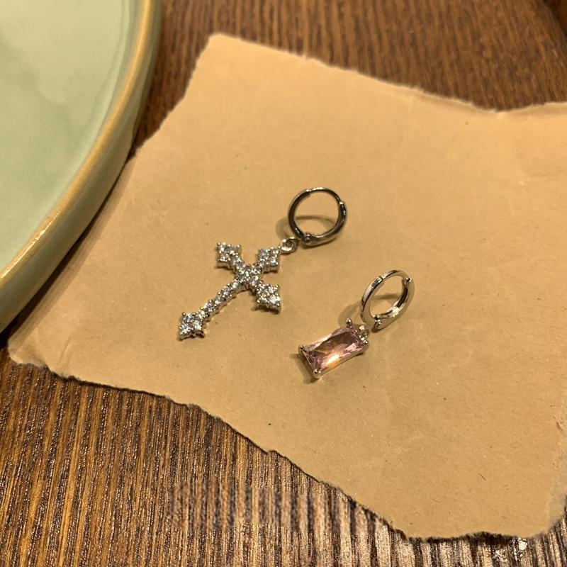 Sparkling Diamond Cross Earrings Stacked with Pink Earrings