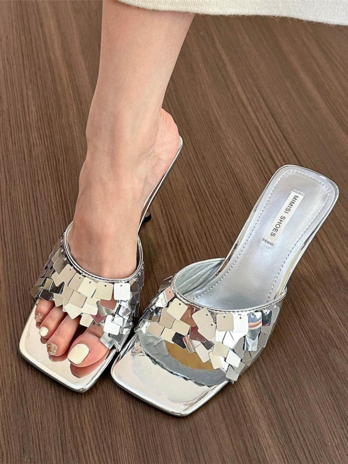 Sequined high-heeled sandals, open-toe stiletto mules