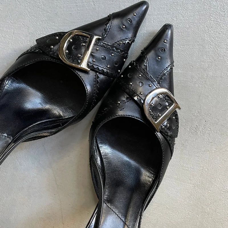 Retro high heels metal D buckle pointed toe back strap buckle stiletto sandals