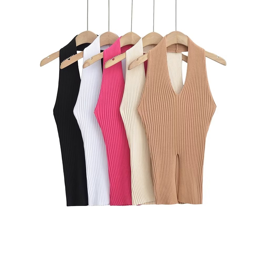 V-neck halter neck slit knit vest top