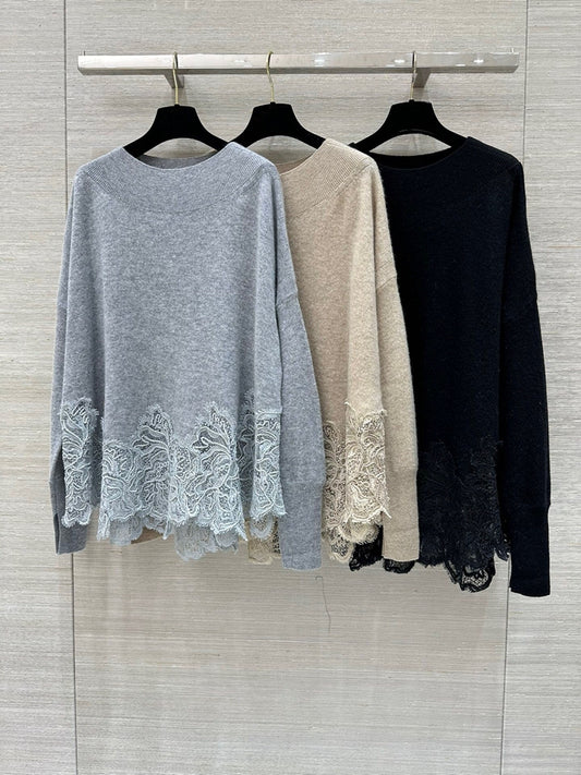 Crew neck lace appliqué cashmere sweater