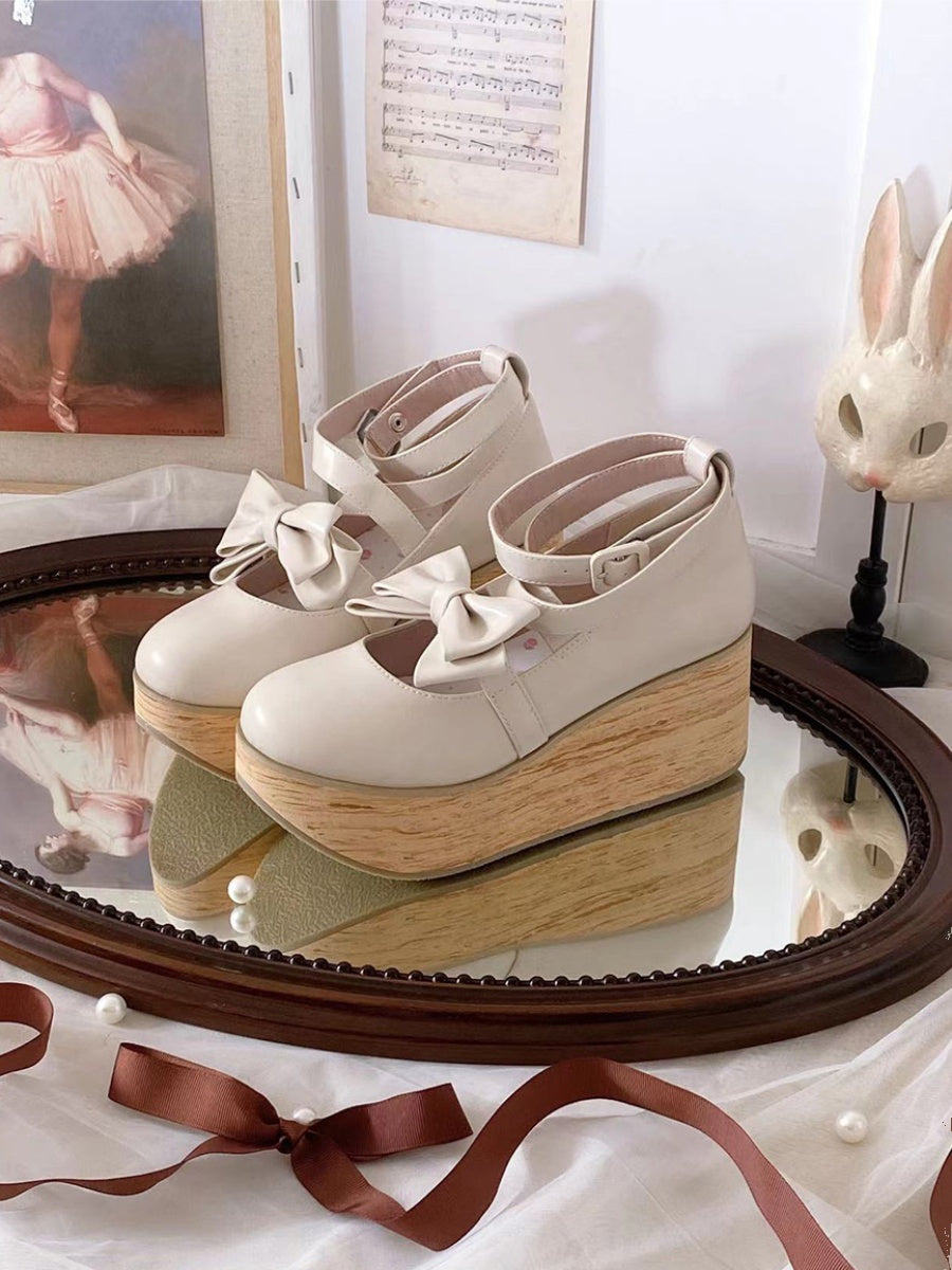 Wood Grain Ningyo Hime|White Tea Dream Original Bow Strappy Thick Sole Shoes