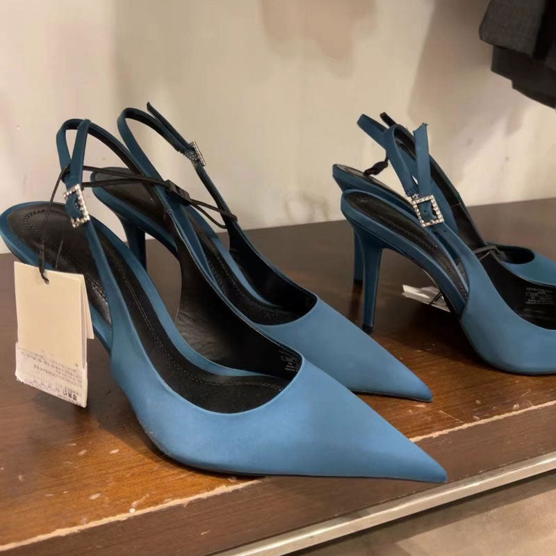 Blue pointed toe French rhinestone white high heels