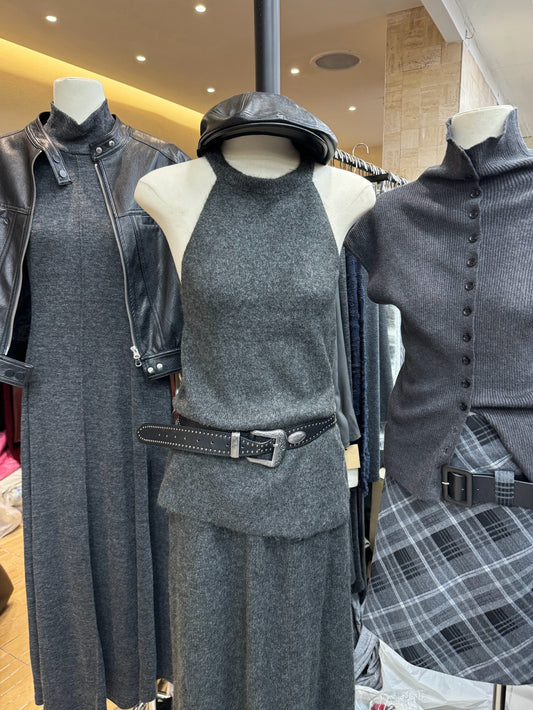 Sleeveless knitted vest + skirt two-piece set