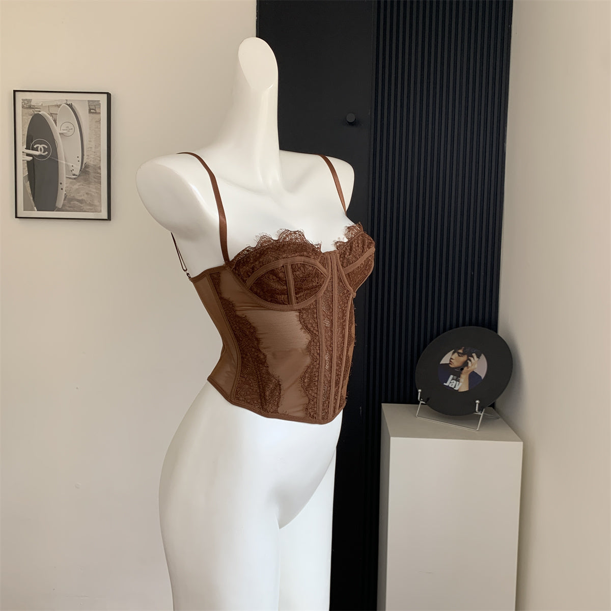Lace embroidered herringbone camisole bra