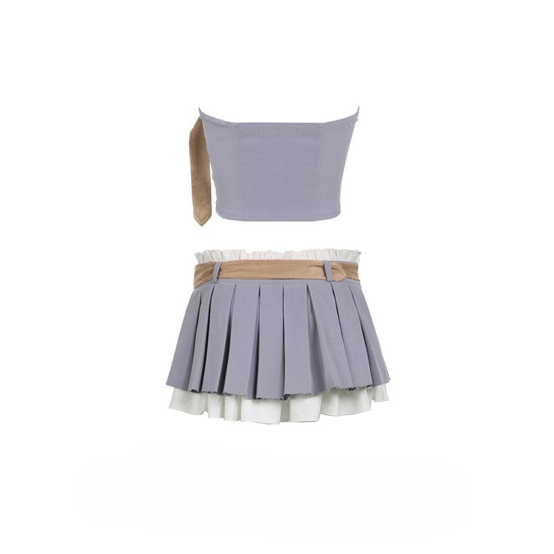 College workwear style tube top vest + double pleated skirt