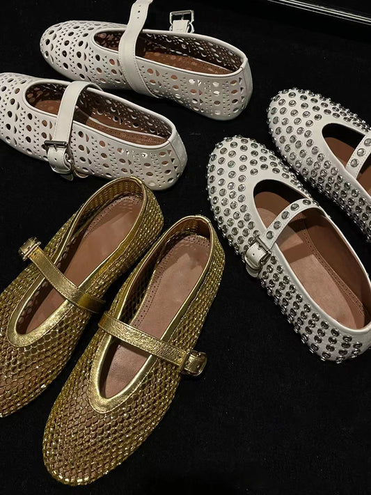 Round Toe Rhinestone Mesh Mary Jane Studded Ballet Shoes