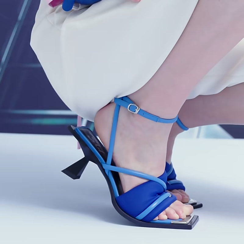 Square toe metal thick high heel strappy sandals