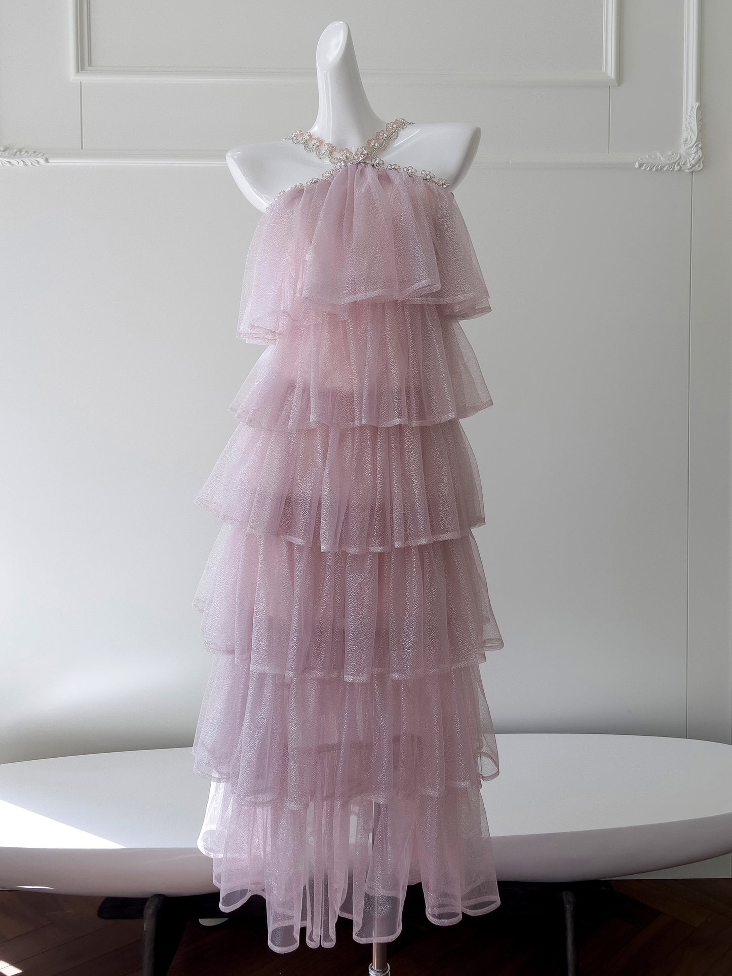 Pink Mesh Gold Stamping Suspender Cake Skirt Birthday Party Dress