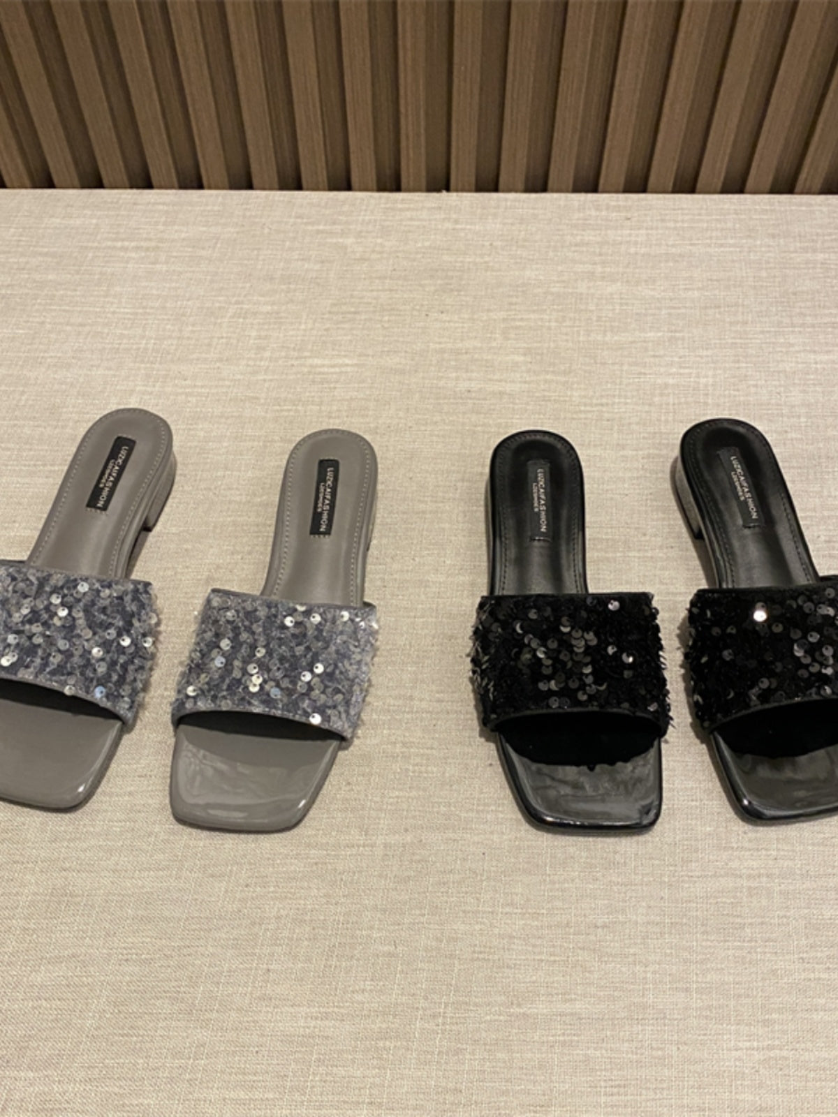 Wear elegant black rhinestone thick heel square toe sandals