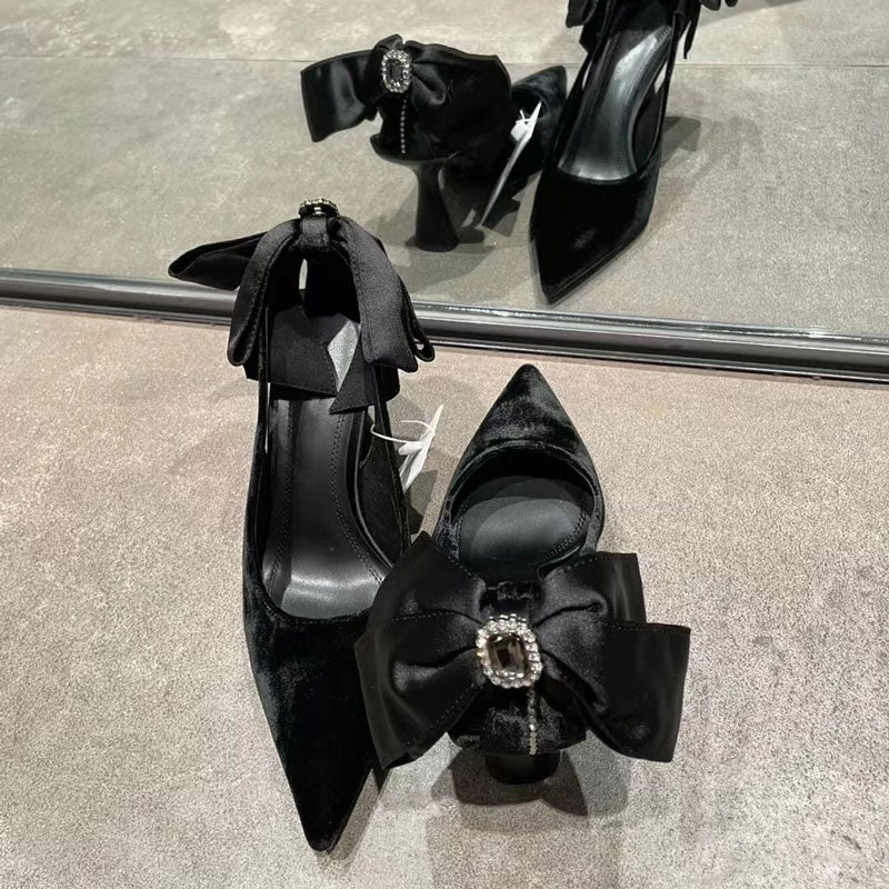 Bow pointed toe rhinestone stiletto sandals