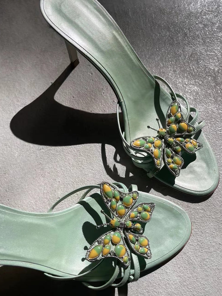 Niche metal butterfly decorated thin heel open toe flip flops