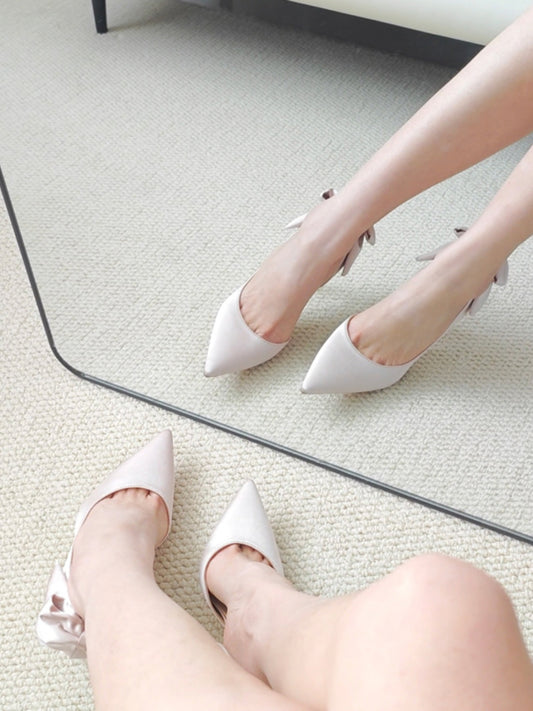 Bow-tie fashionable banquet satin shallow stiletto shoes
