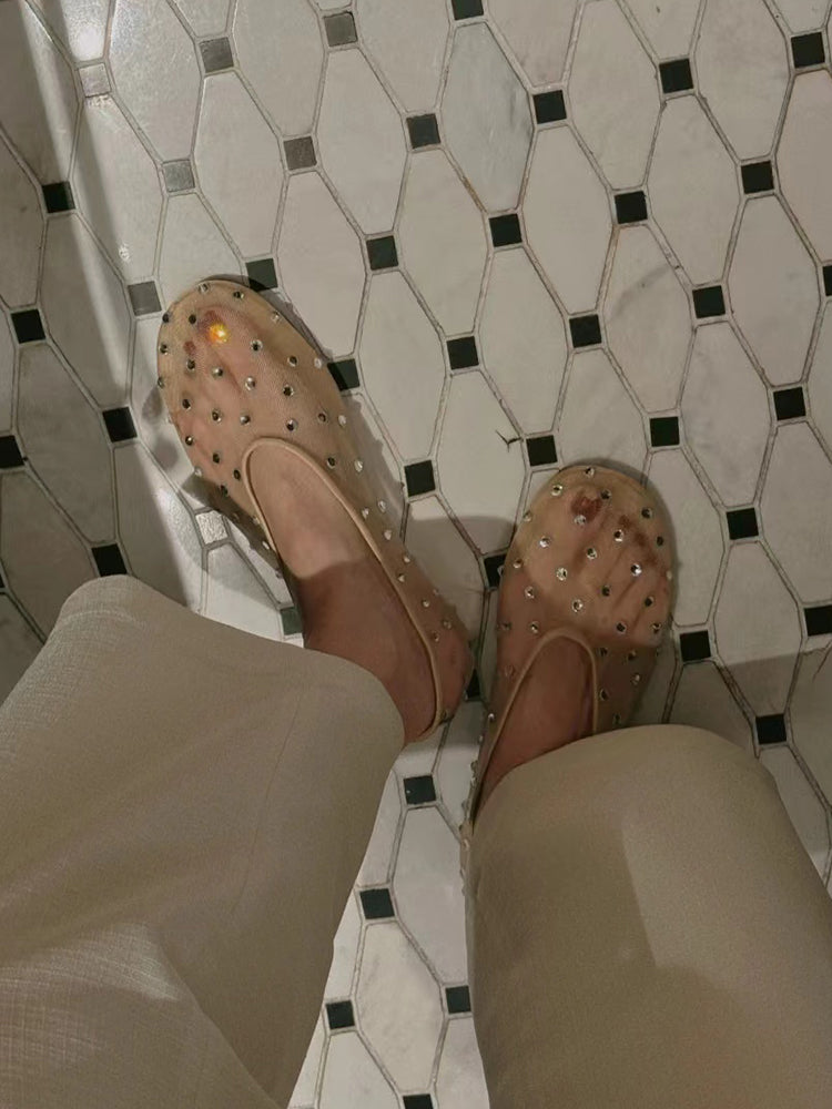 Niche round toe mesh rhinestone ballet flats