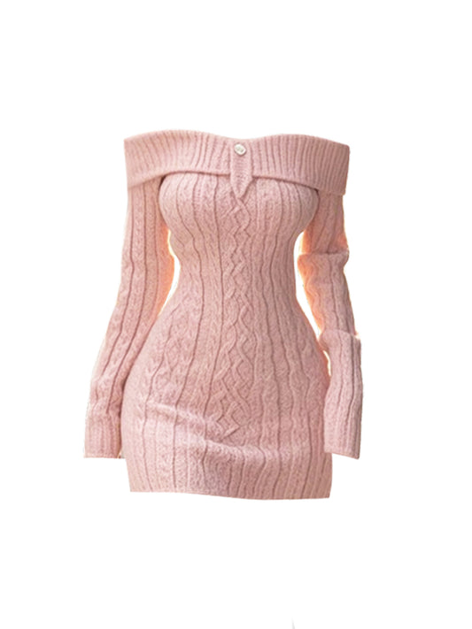 Off-shoulder long-sleeved knitted dress