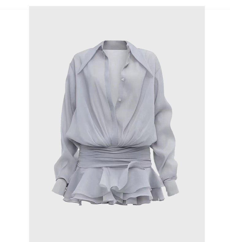 French high-end ruffle shirt dress