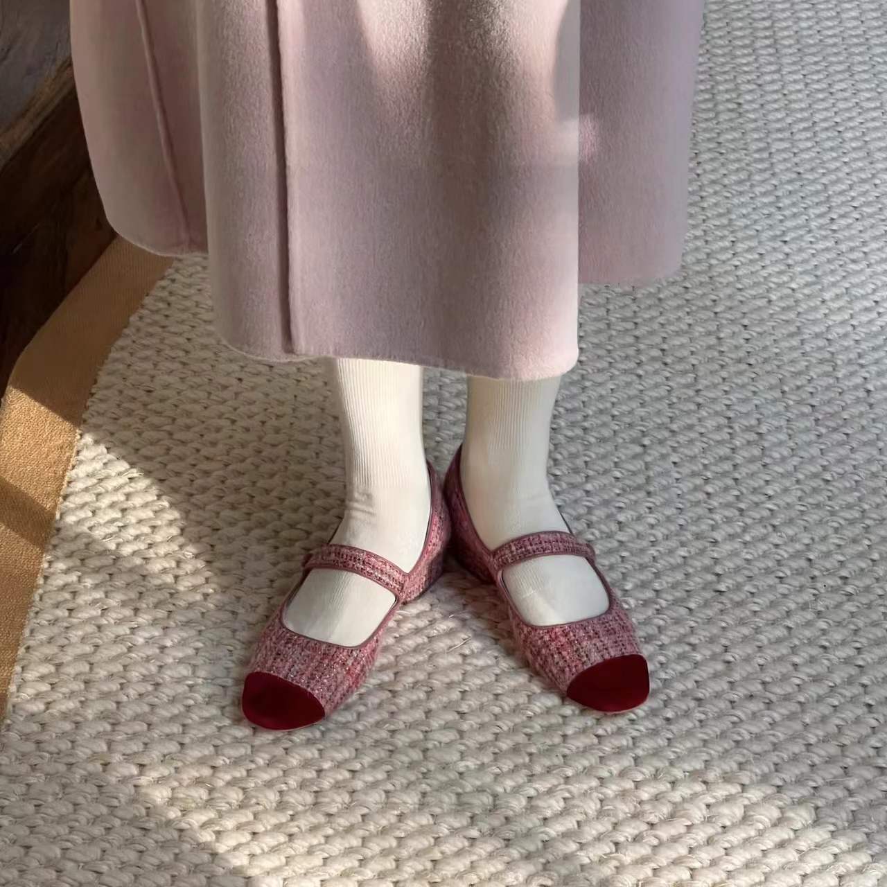 Thick heel color block shallow Mary Jane shoes