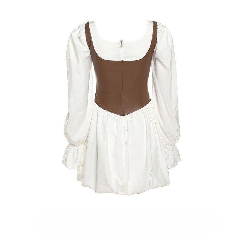 Retro PU leather patchwork puff sleeve dress