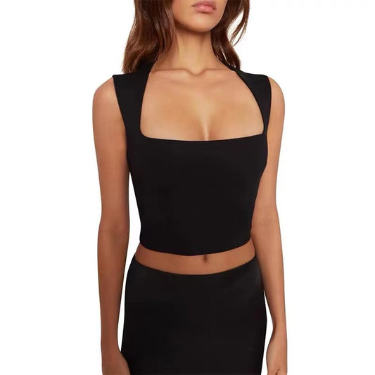 Black and white short square neck slimming wide shoulder strap top