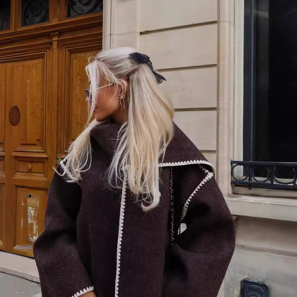 Wool coat with heather embroidered scarf
