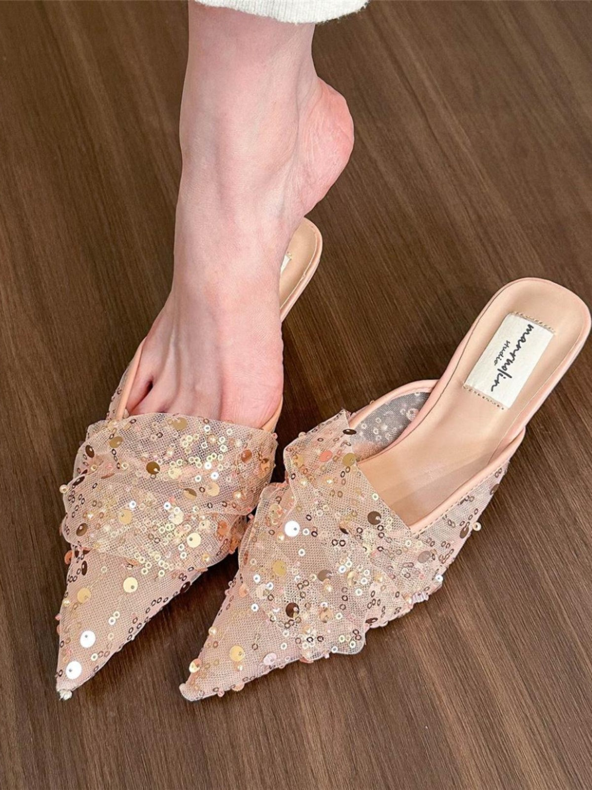 Mesh half slippers sequin pointed toe shoes