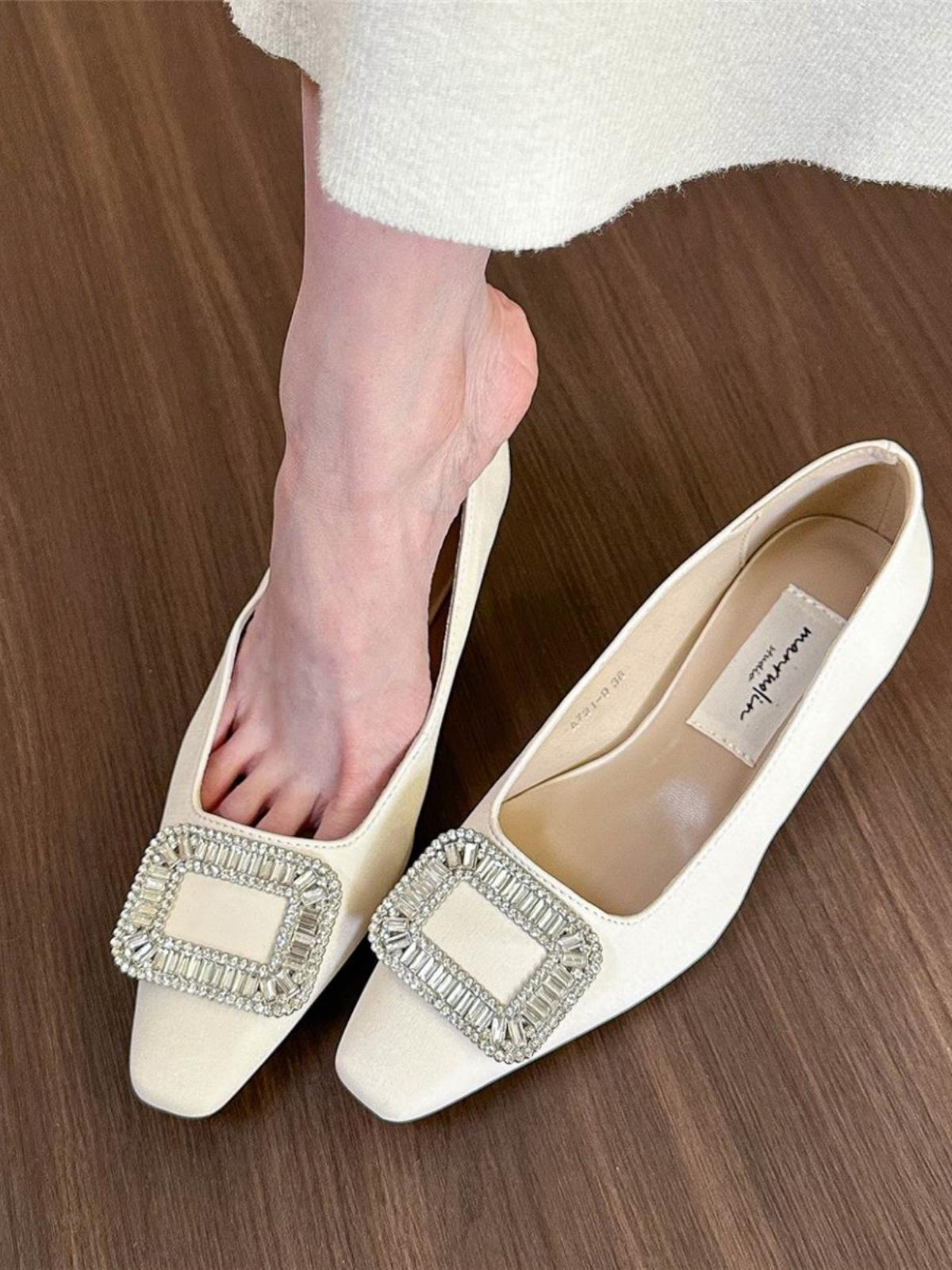 Square toe rhinestone shallow heel shoes