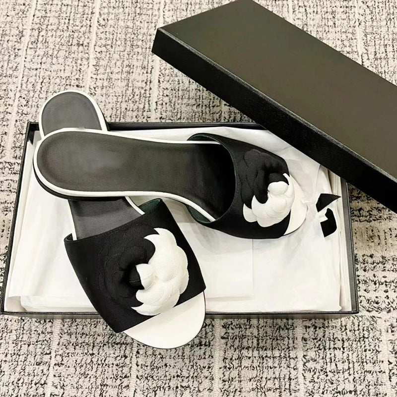 Versatile French lady round toe low heel thick heel women's slippers