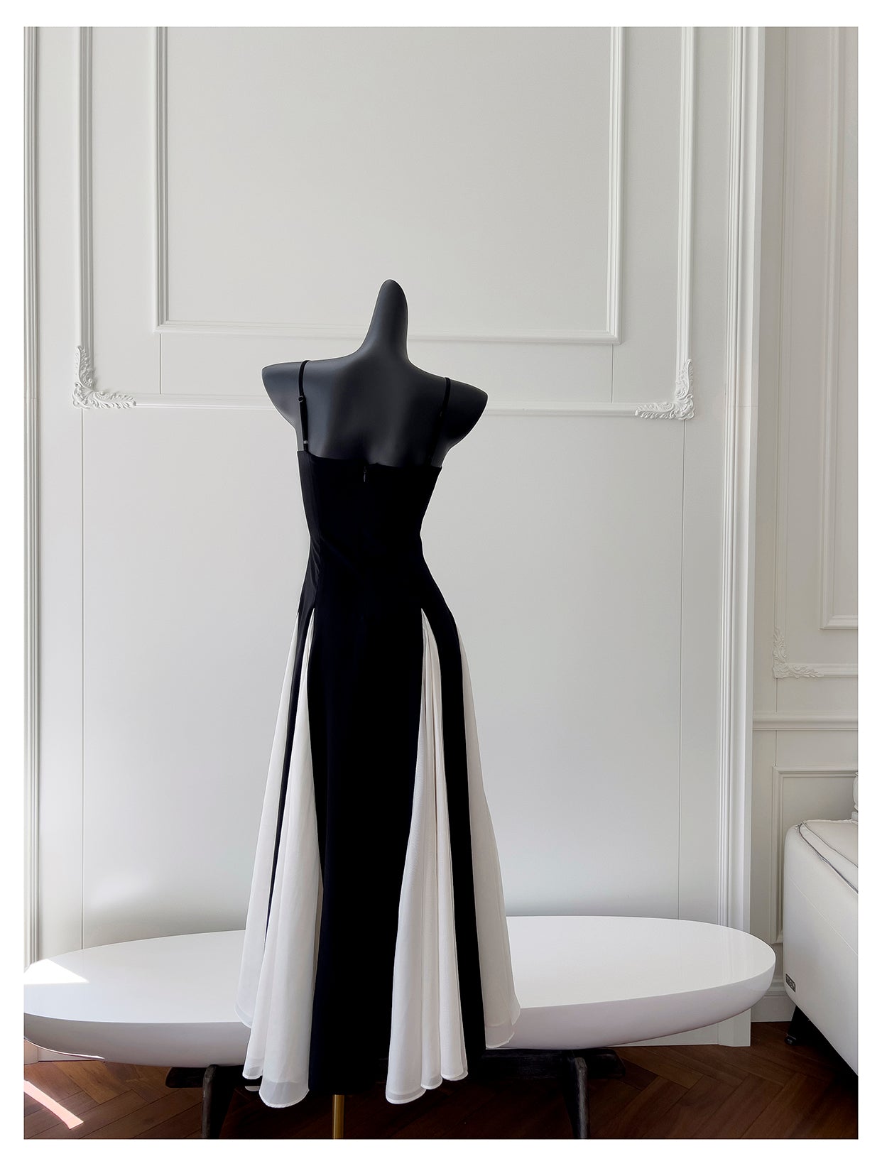 Black and white twill woven chiffon patchwork suspender long skirt
