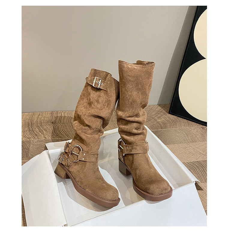 Knight suede block heel square toe high boots