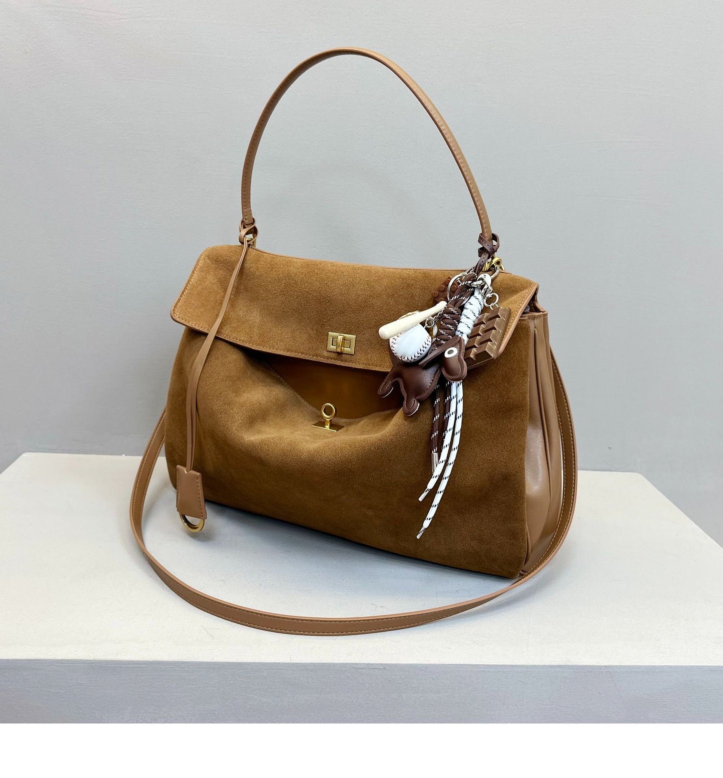 Suede stitching layered leather Kelly bag