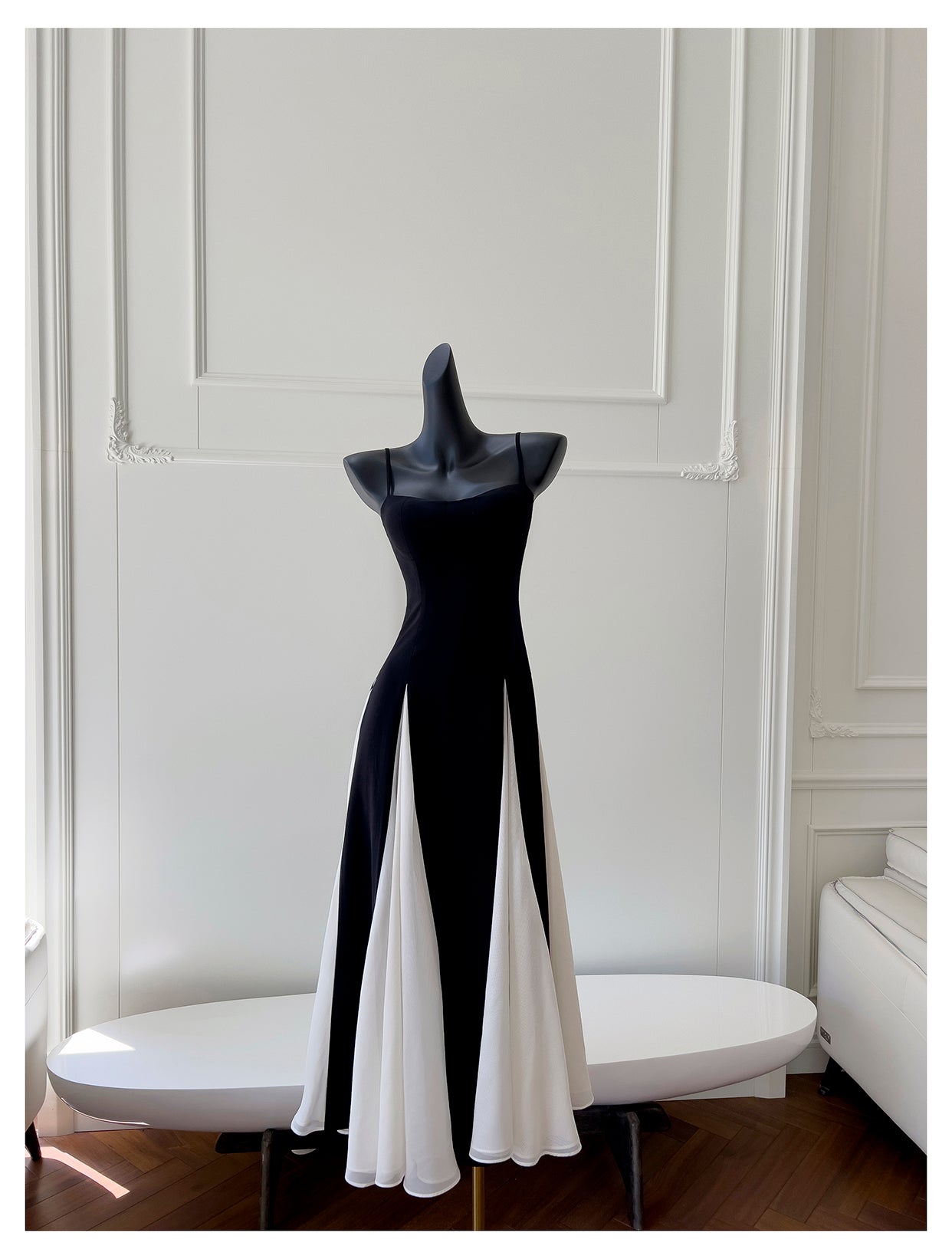 Black and white twill woven chiffon patchwork suspender long skirt