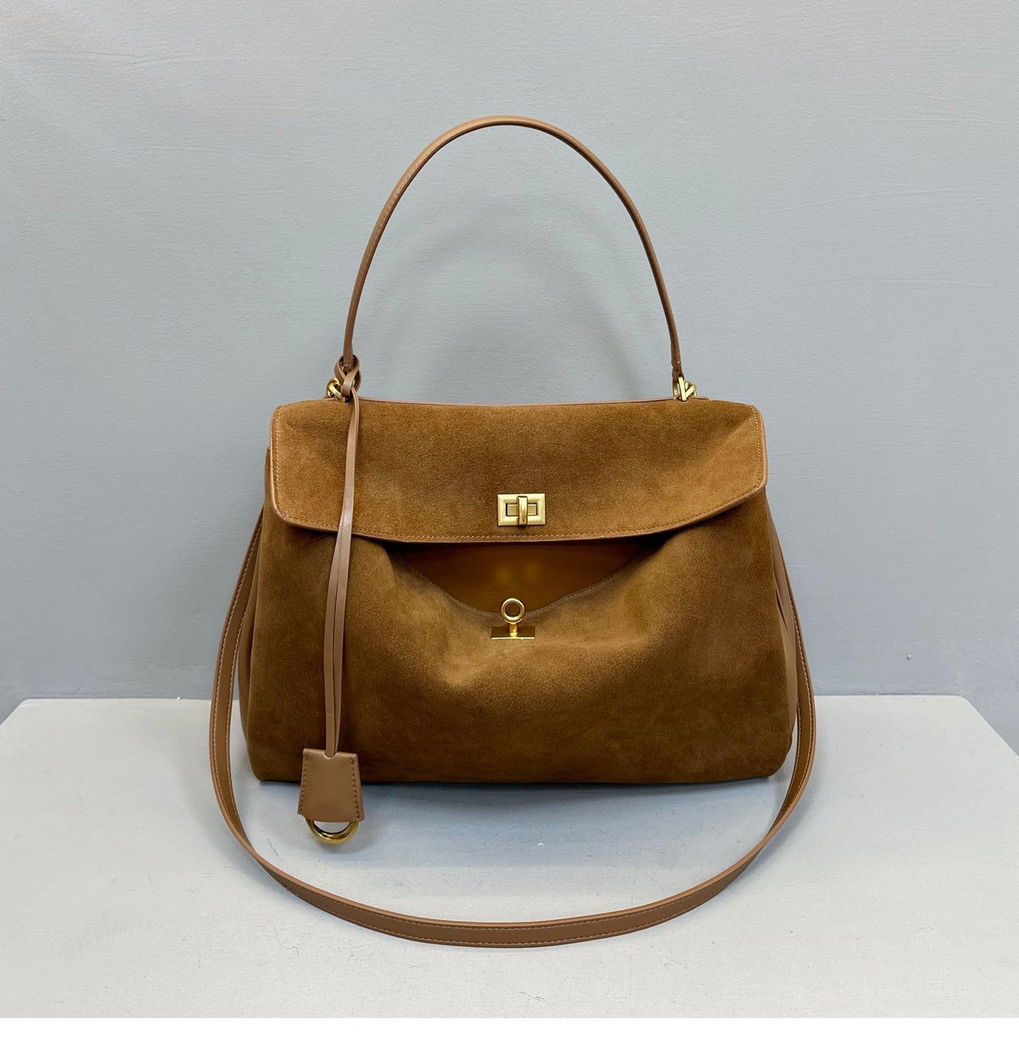 Suede stitching layered leather Kelly bag