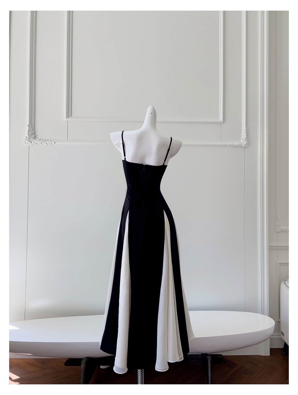 Black and white twill woven chiffon patchwork suspender long skirt