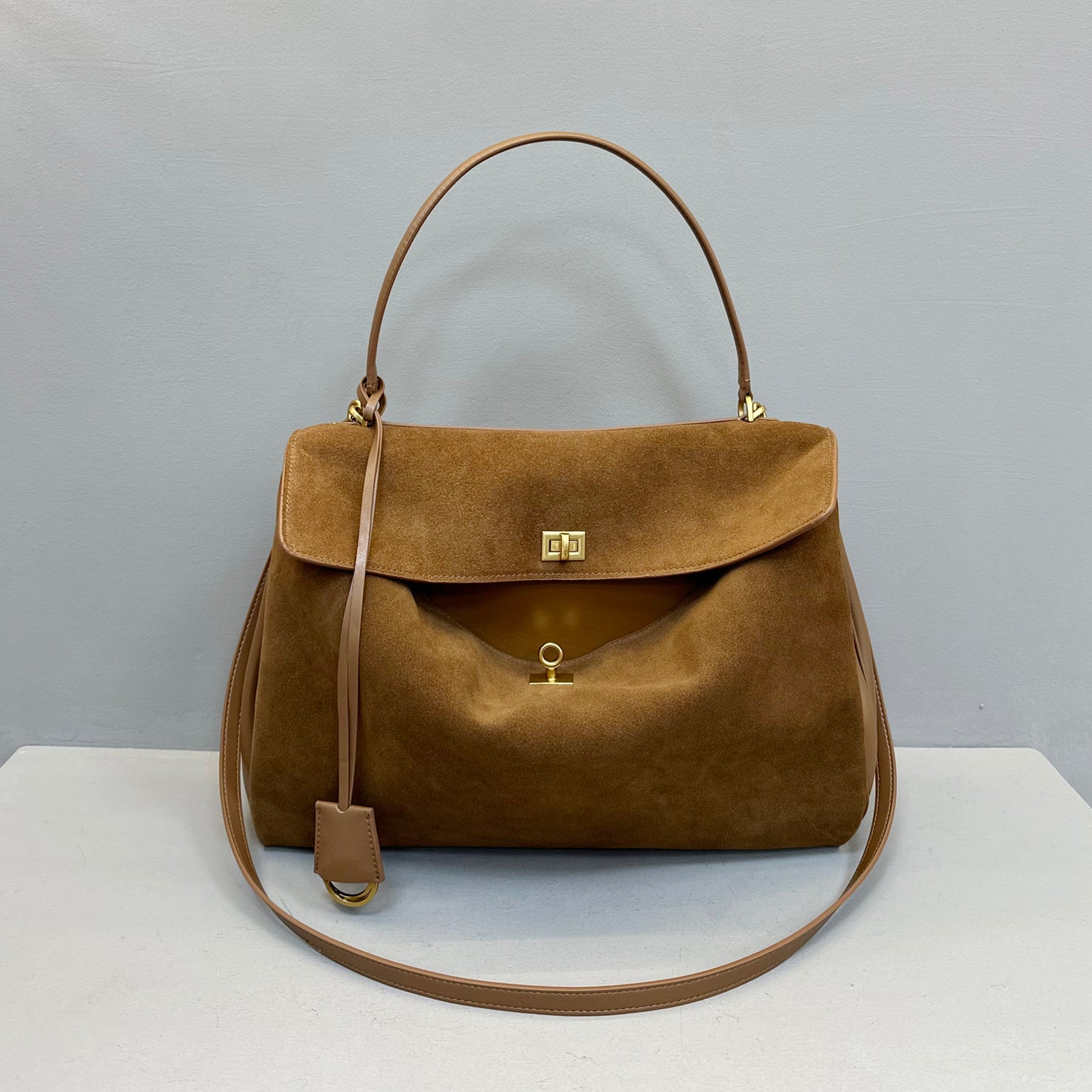 Suede stitching layered leather Kelly bag