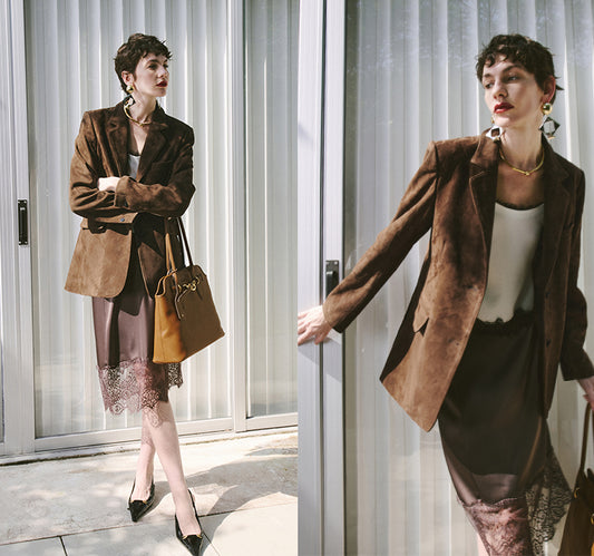 Matte shearling suede blazer/double skirt