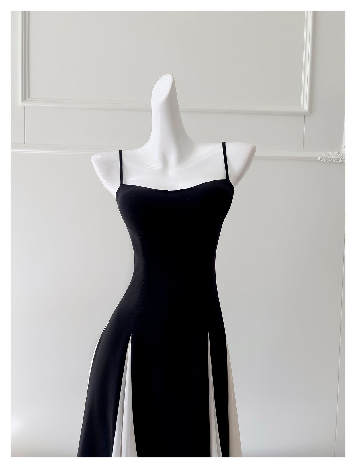 Black and white twill woven chiffon patchwork suspender long skirt